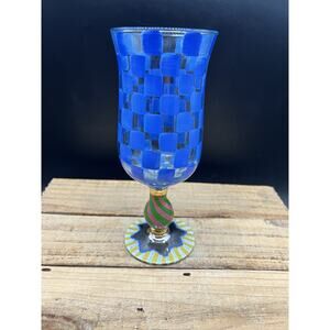 MacKenzie Childs Blue Check Hand Painted Wine Water Glass Footed Goblet